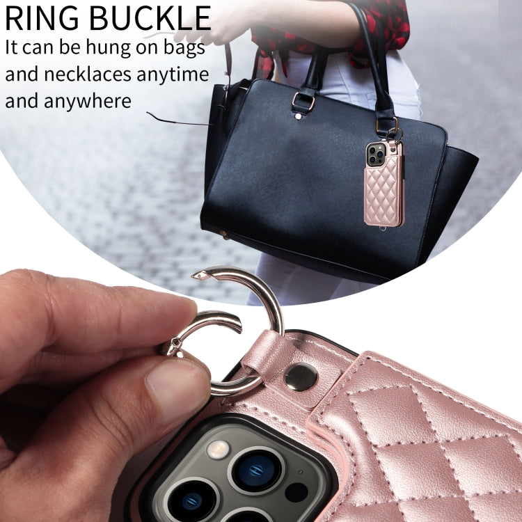 For iPhone 13 Pro Rhombic Texture Card Bag Phone Case with Short Lanyard