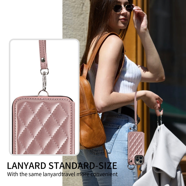 For iPhone 13 Pro Rhombic Texture Card Bag Phone Case with Short Lanyard