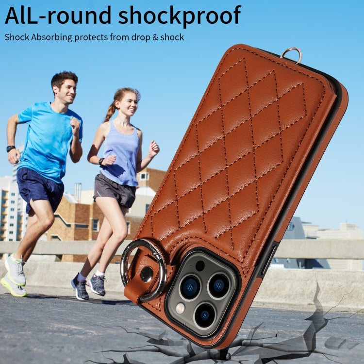For iPhone 13 Pro Rhombic Texture Card Bag Phone Case with Short Lanyard