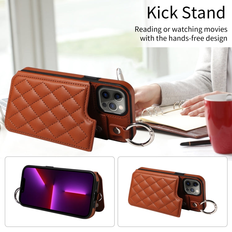For iPhone 13 Pro Rhombic Texture Card Bag Phone Case with Short Lanyard