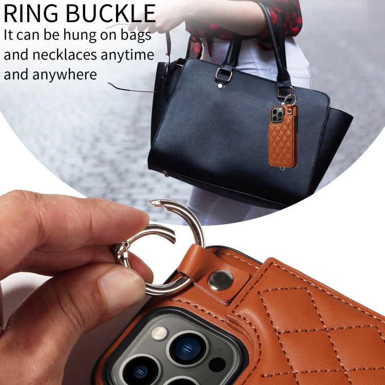 For iPhone 13 Pro Rhombic Texture Card Bag Phone Case with Short Lanyard
