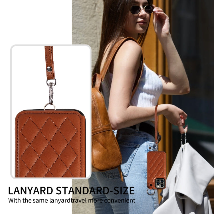 For iPhone 13 Pro Rhombic Texture Card Bag Phone Case with Short Lanyard