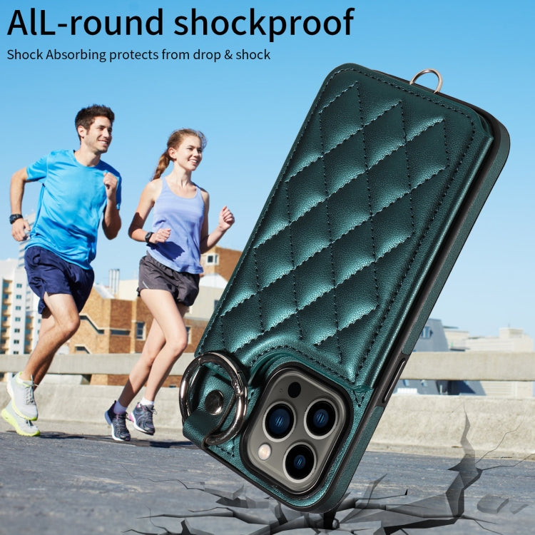 For iPhone 13 Pro Rhombic Texture Card Bag Phone Case with Short Lanyard