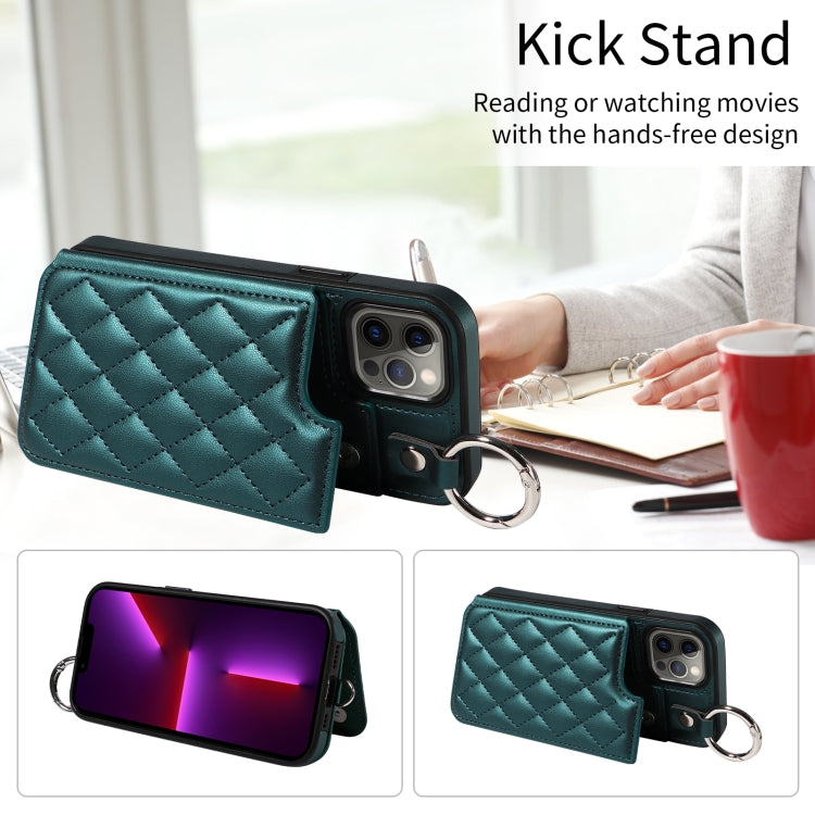 For iPhone 13 Pro Rhombic Texture Card Bag Phone Case with Short Lanyard