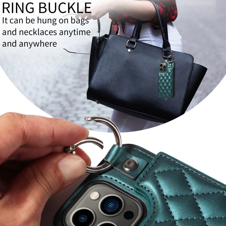 For iPhone 13 Pro Rhombic Texture Card Bag Phone Case with Short Lanyard
