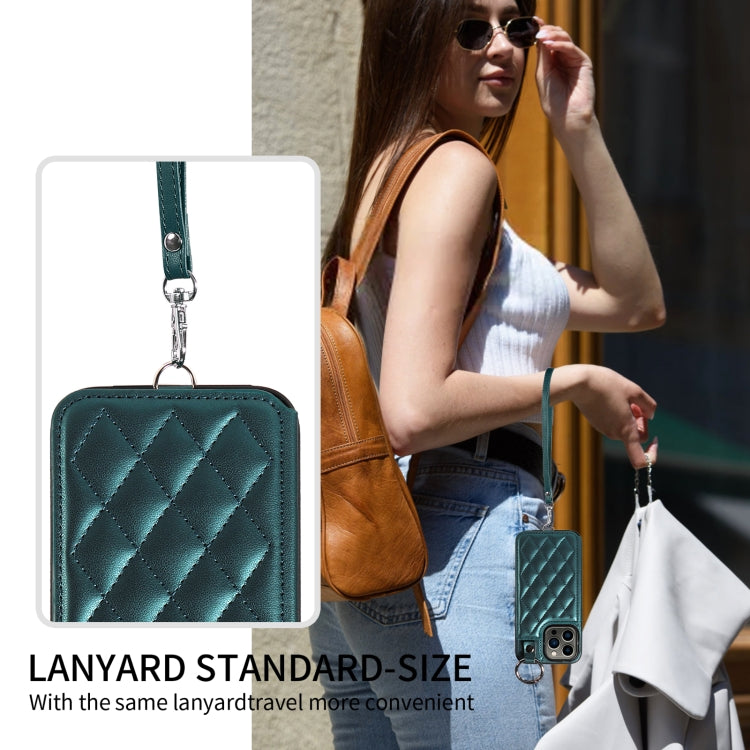 For iPhone 13 Pro Rhombic Texture Card Bag Phone Case with Short Lanyard