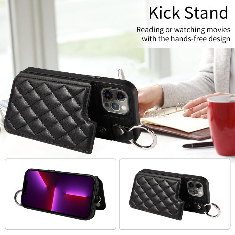 For iPhone 13 Pro Rhombic Texture Card Bag Phone Case with Short Lanyard