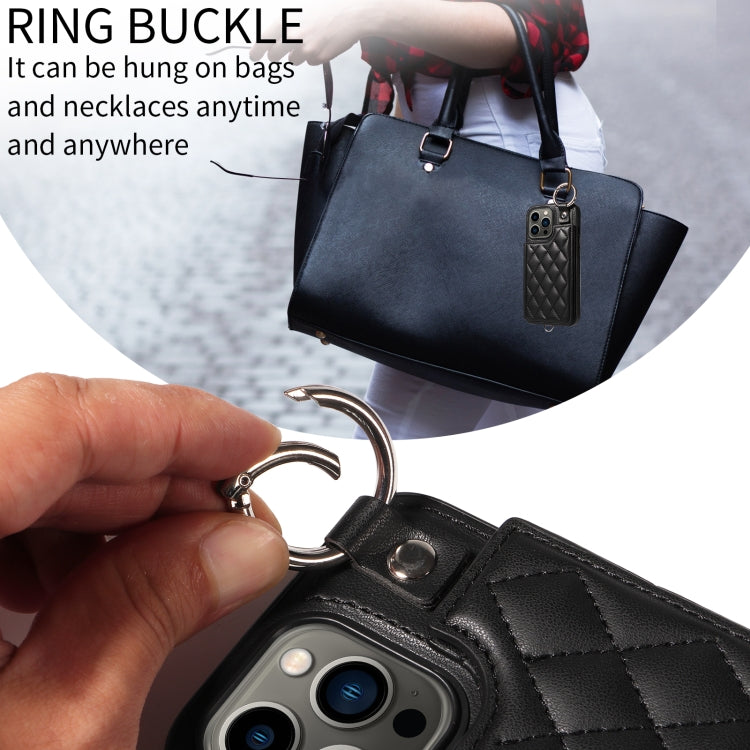 For iPhone 13 Pro Rhombic Texture Card Bag Phone Case with Short Lanyard