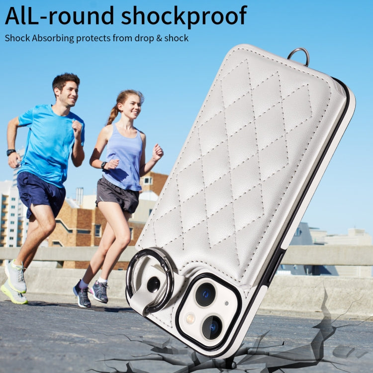For iPhone 13 Rhombic Texture Card Bag Phone Case with Short Lanyard