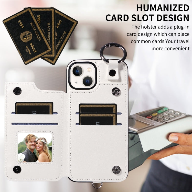 For iPhone 13 Rhombic Texture Card Bag Phone Case with Short Lanyard