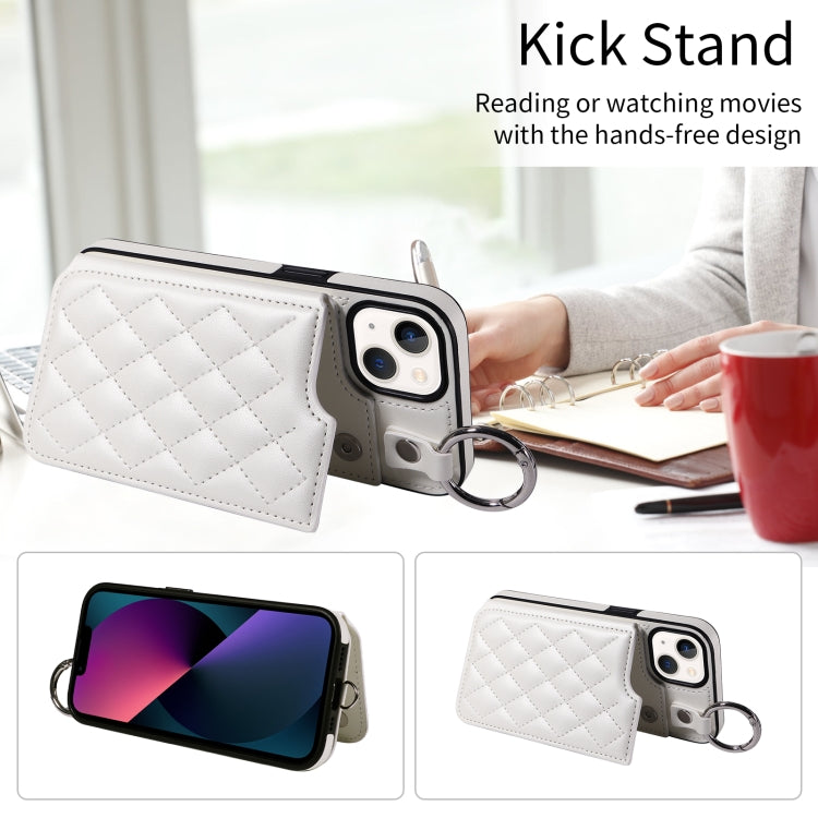 For iPhone 13 Rhombic Texture Card Bag Phone Case with Short Lanyard