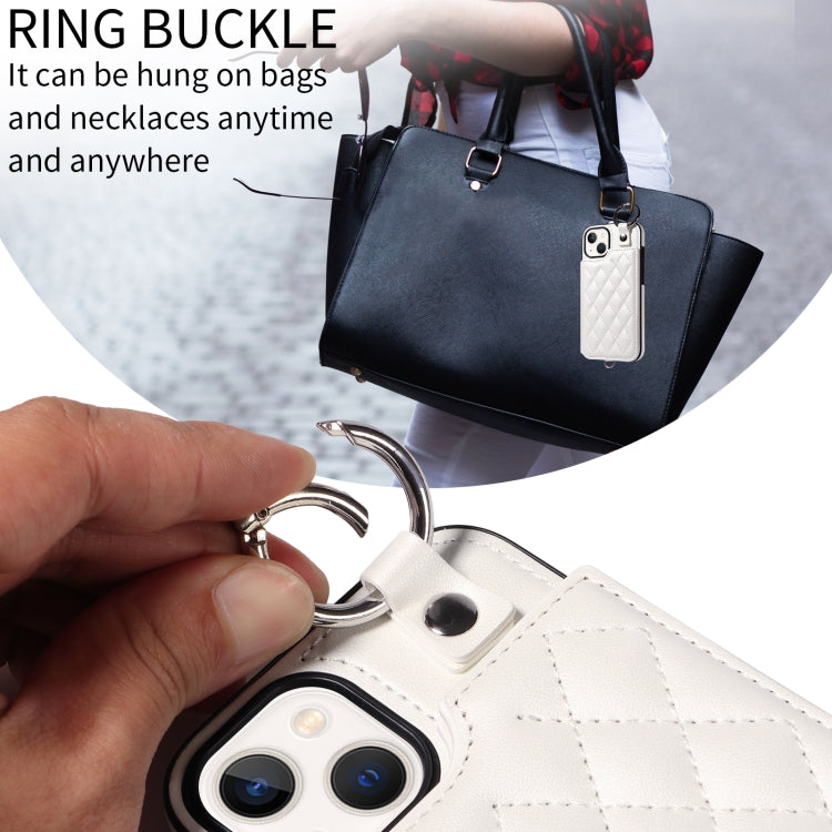 For iPhone 13 Rhombic Texture Card Bag Phone Case with Short Lanyard
