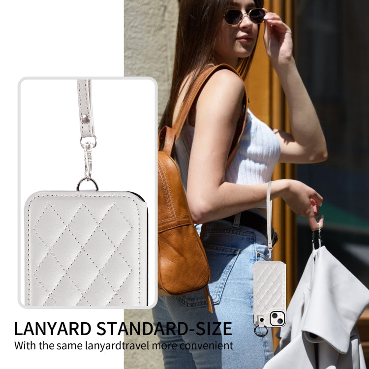 For iPhone 13 Rhombic Texture Card Bag Phone Case with Short Lanyard