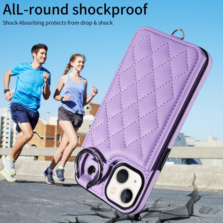 For iPhone 13 Rhombic Texture Card Bag Phone Case with Short Lanyard