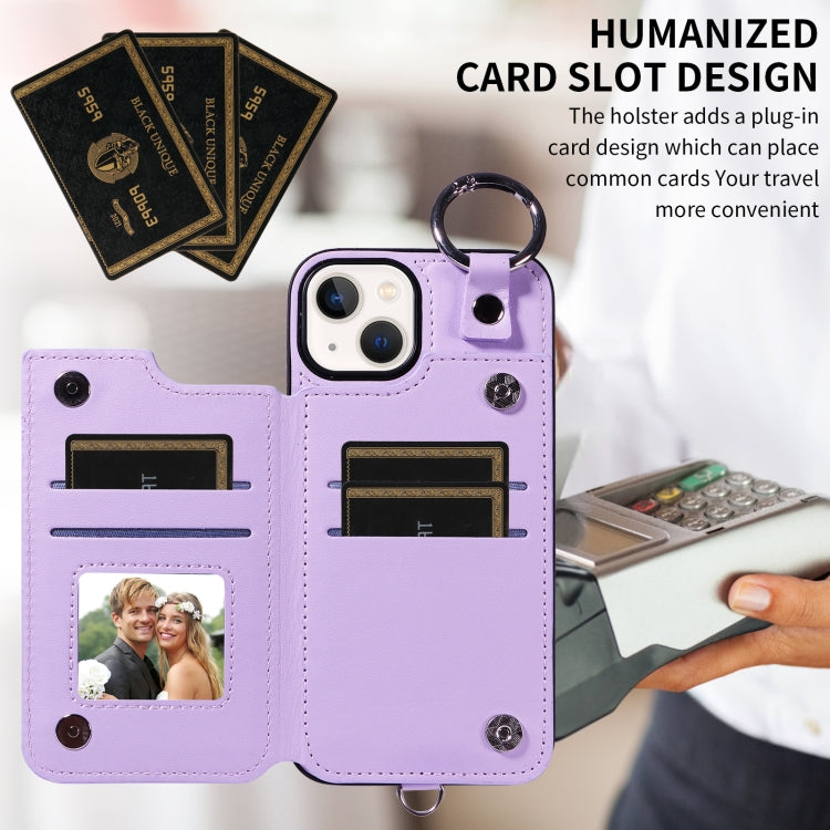 For iPhone 13 Rhombic Texture Card Bag Phone Case with Short Lanyard