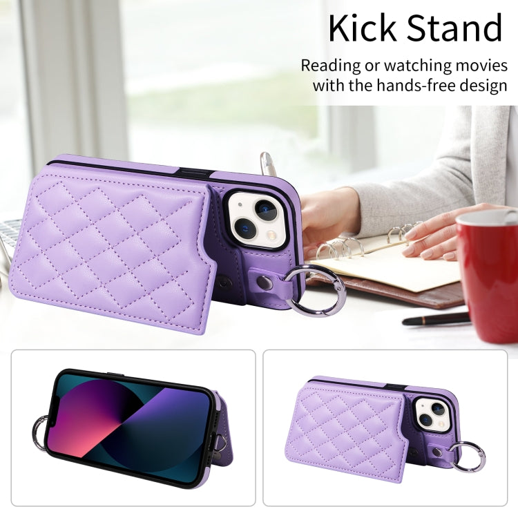 For iPhone 13 Rhombic Texture Card Bag Phone Case with Short Lanyard