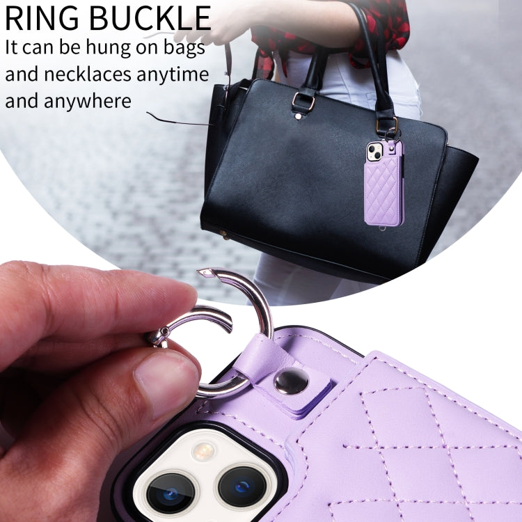 For iPhone 13 Rhombic Texture Card Bag Phone Case with Short Lanyard