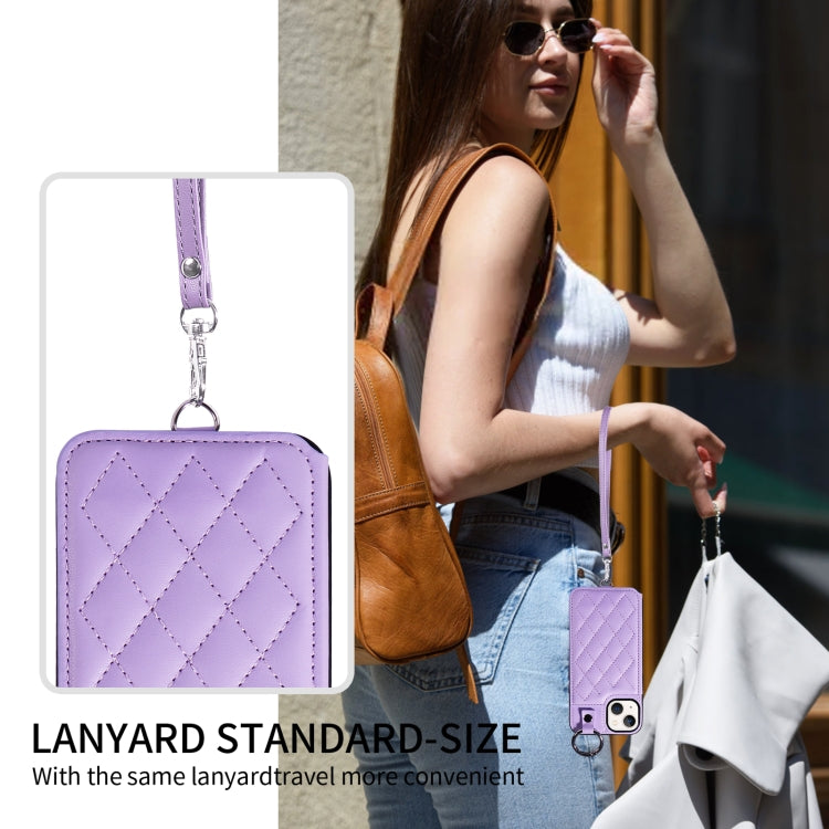 For iPhone 13 Rhombic Texture Card Bag Phone Case with Short Lanyard