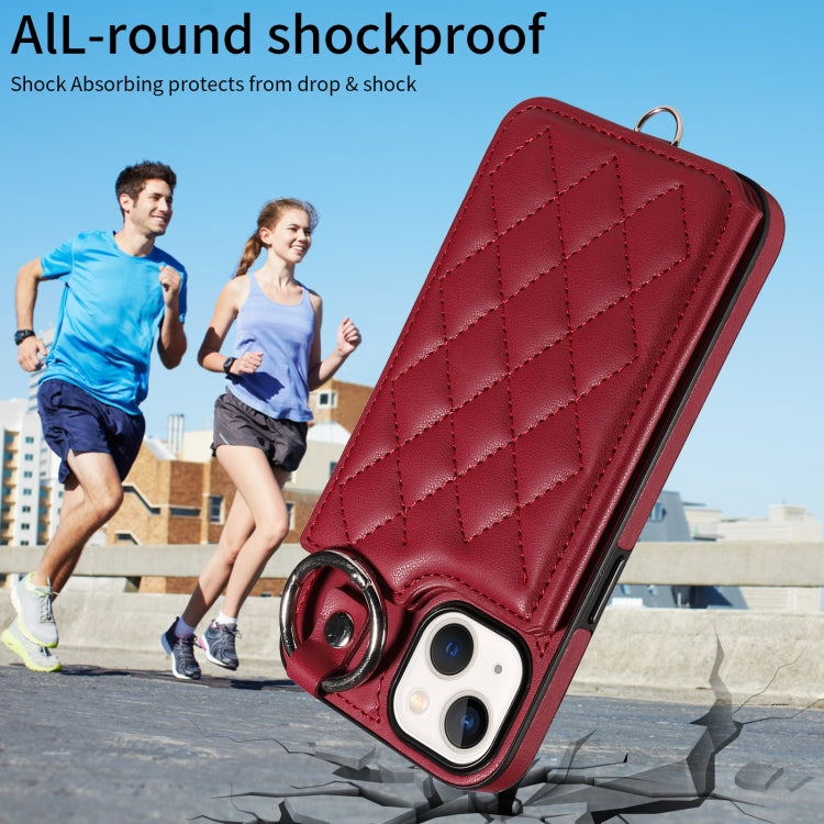 For iPhone 13 Rhombic Texture Card Bag Phone Case with Short Lanyard