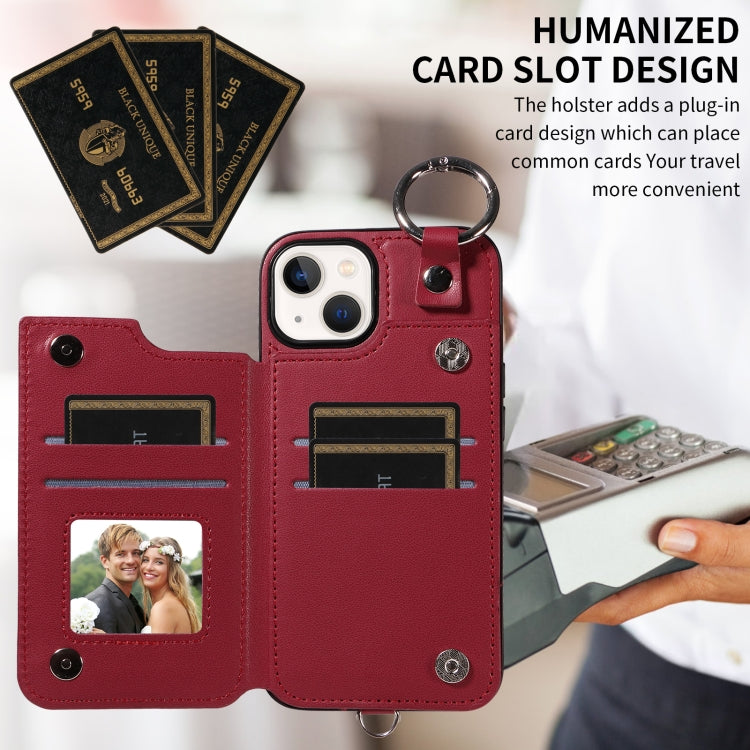 For iPhone 13 Rhombic Texture Card Bag Phone Case with Short Lanyard