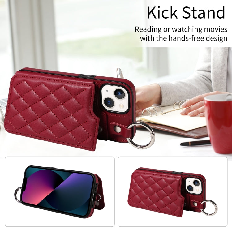 For iPhone 13 Rhombic Texture Card Bag Phone Case with Short Lanyard