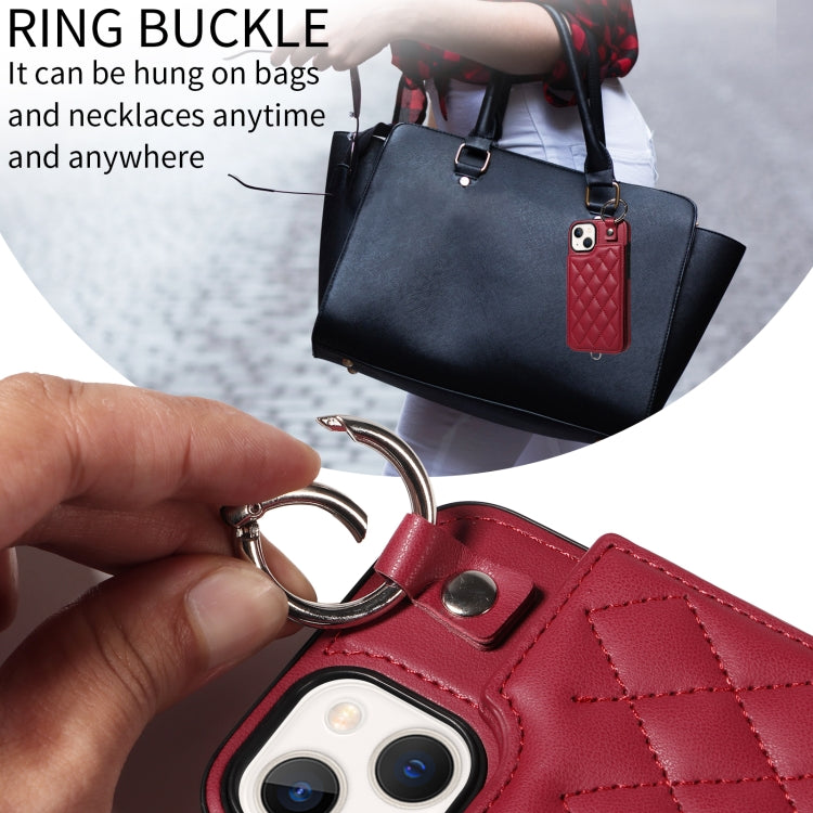 For iPhone 13 Rhombic Texture Card Bag Phone Case with Short Lanyard