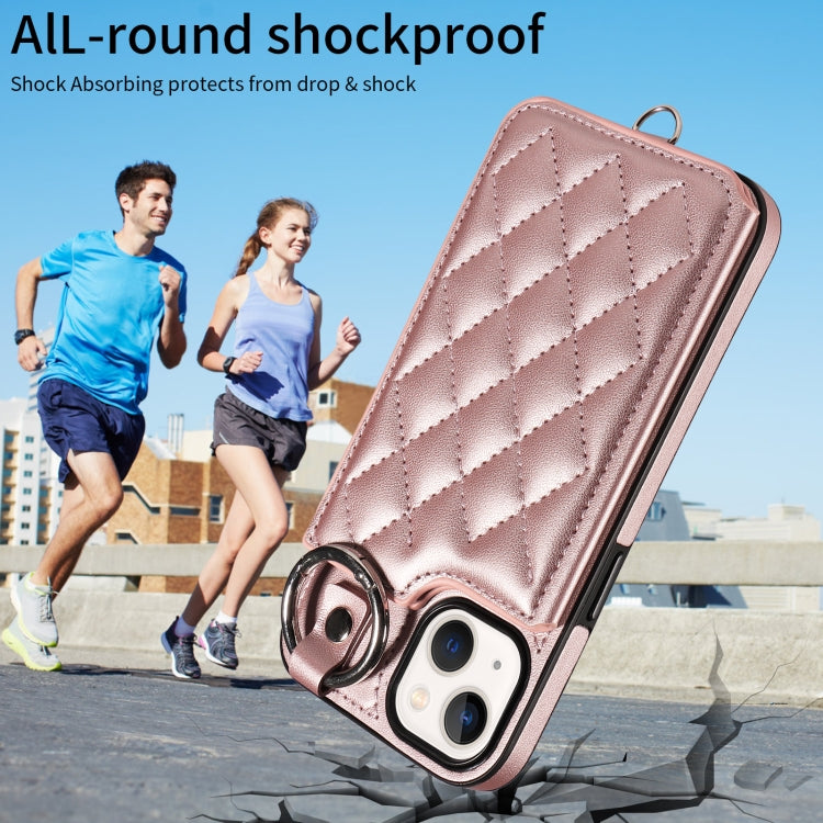 For iPhone 13 Rhombic Texture Card Bag Phone Case with Short Lanyard