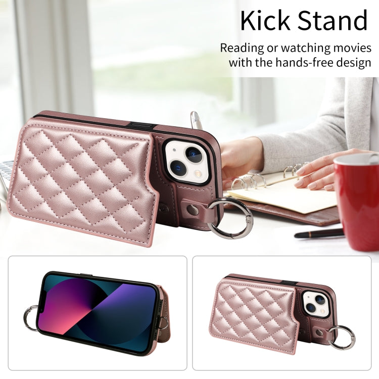 For iPhone 13 Rhombic Texture Card Bag Phone Case with Short Lanyard