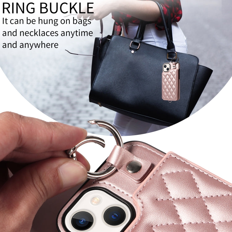 For iPhone 13 Rhombic Texture Card Bag Phone Case with Short Lanyard