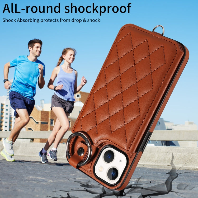 For iPhone 13 Rhombic Texture Card Bag Phone Case with Short Lanyard