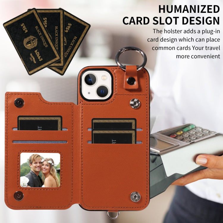 For iPhone 13 Rhombic Texture Card Bag Phone Case with Short Lanyard