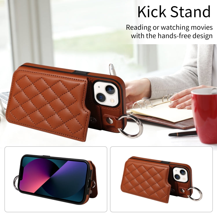 For iPhone 13 Rhombic Texture Card Bag Phone Case with Short Lanyard