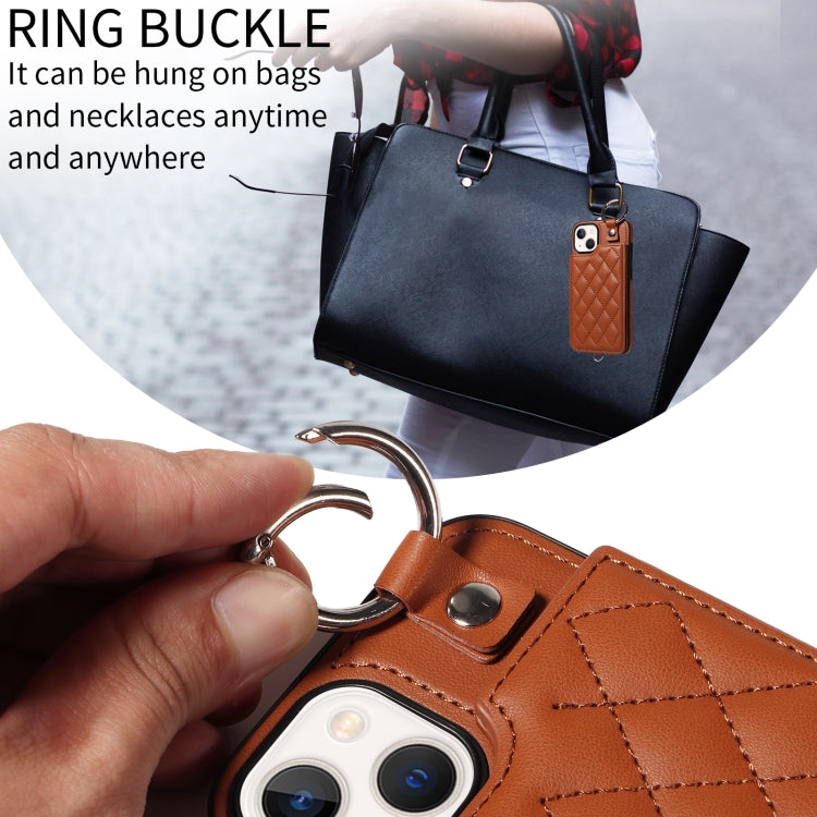 For iPhone 13 Rhombic Texture Card Bag Phone Case with Short Lanyard