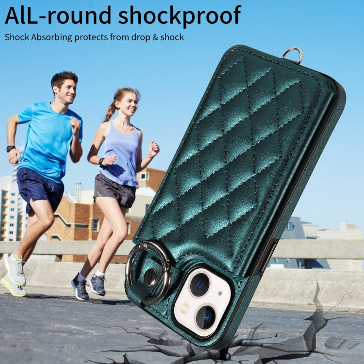 For iPhone 13 Rhombic Texture Card Bag Phone Case with Short Lanyard