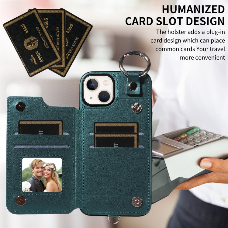 For iPhone 13 Rhombic Texture Card Bag Phone Case with Short Lanyard