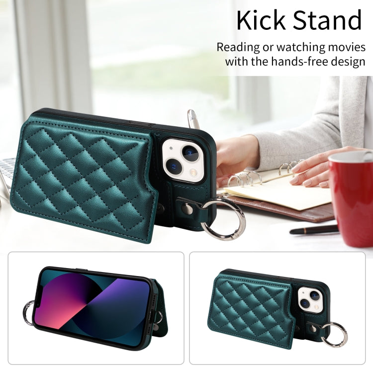 For iPhone 13 Rhombic Texture Card Bag Phone Case with Short Lanyard
