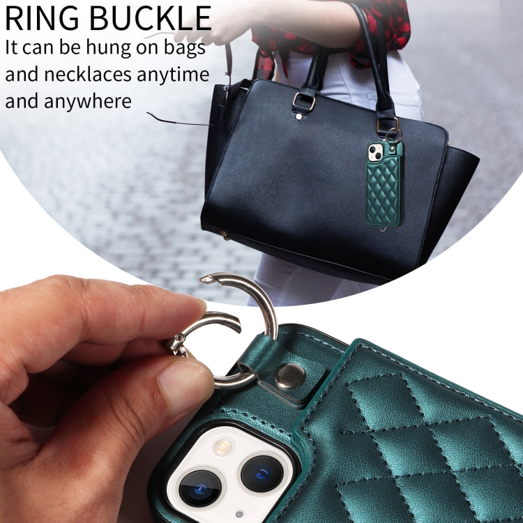 For iPhone 13 Rhombic Texture Card Bag Phone Case with Short Lanyard