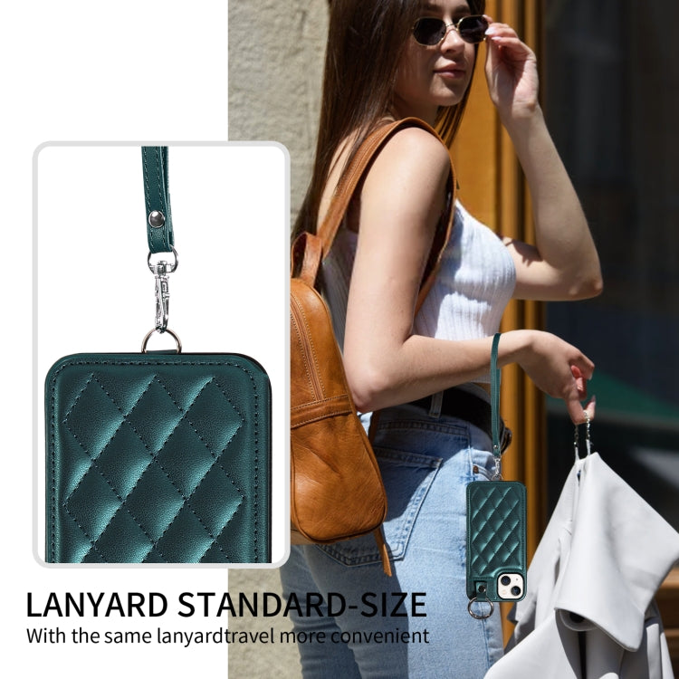For iPhone 13 Rhombic Texture Card Bag Phone Case with Short Lanyard