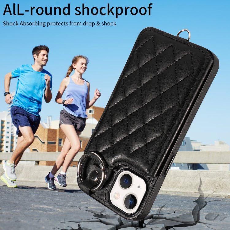 For iPhone 13 Rhombic Texture Card Bag Phone Case with Short Lanyard