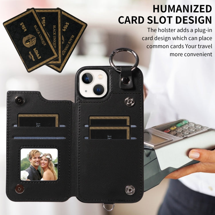 For iPhone 13 Rhombic Texture Card Bag Phone Case with Short Lanyard