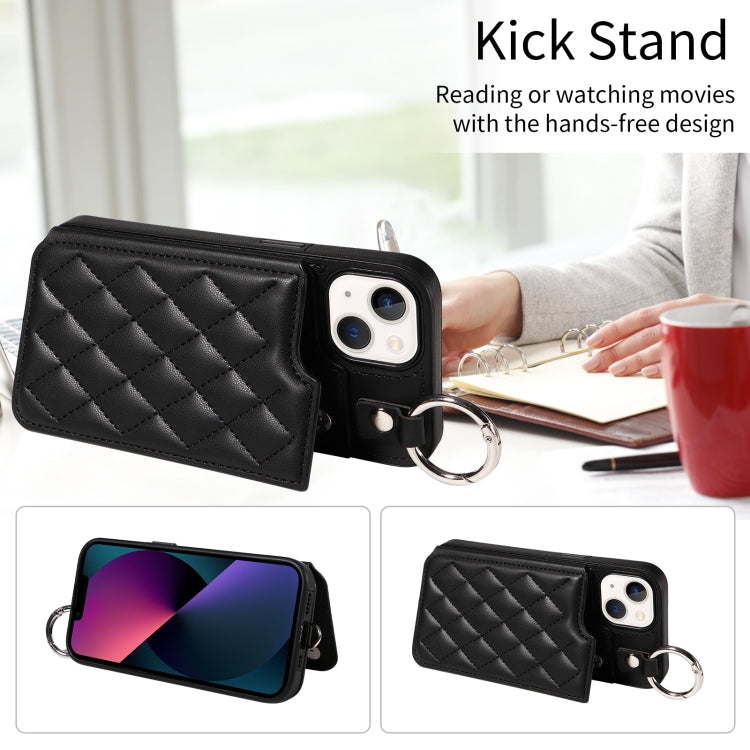 For iPhone 13 Rhombic Texture Card Bag Phone Case with Short Lanyard