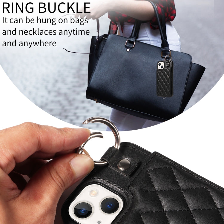 For iPhone 13 Rhombic Texture Card Bag Phone Case with Short Lanyard