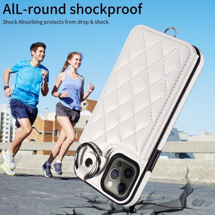 For iPhone 12 / 12 Pro Rhombic Texture Card Bag Phone Case with Short Lanyard