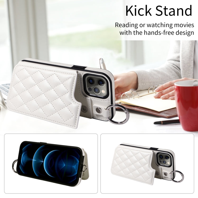 For iPhone 12 / 12 Pro Rhombic Texture Card Bag Phone Case with Short Lanyard