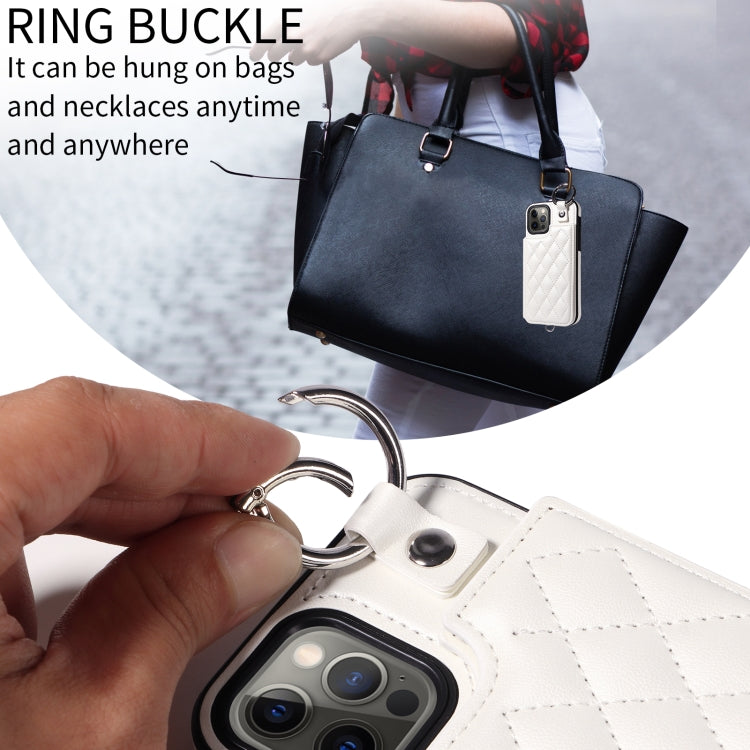 For iPhone 12 / 12 Pro Rhombic Texture Card Bag Phone Case with Short Lanyard