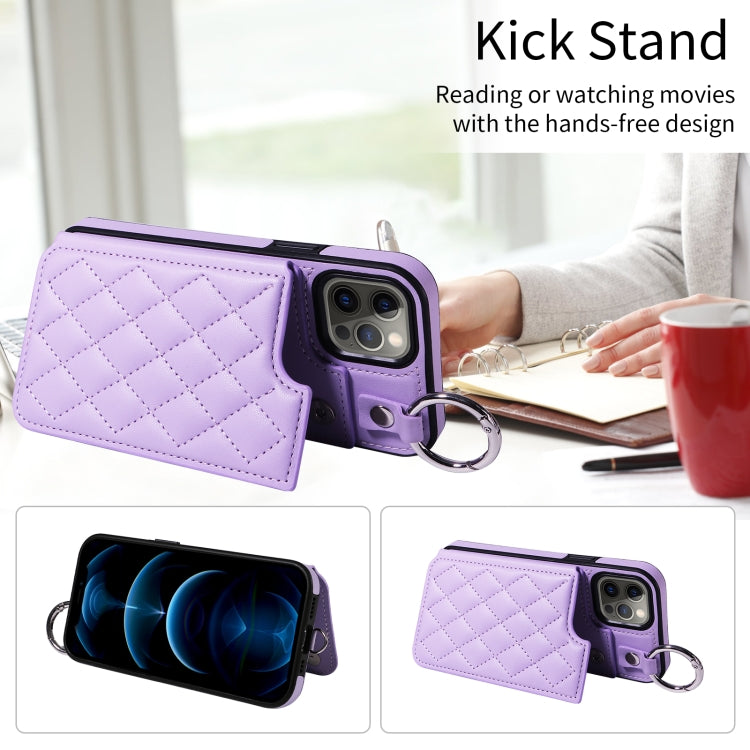 For iPhone 12 / 12 Pro Rhombic Texture Card Bag Phone Case with Short Lanyard