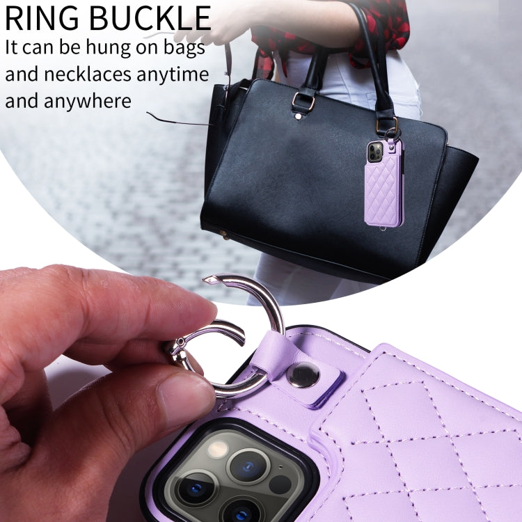 For iPhone 12 / 12 Pro Rhombic Texture Card Bag Phone Case with Short Lanyard