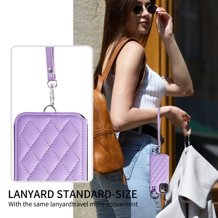For iPhone 12 / 12 Pro Rhombic Texture Card Bag Phone Case with Short Lanyard