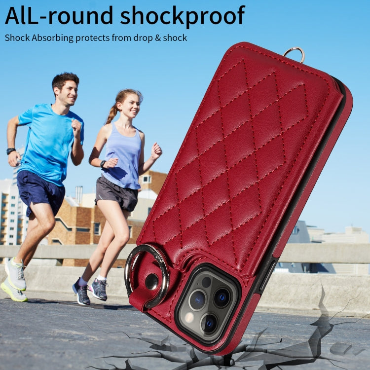 For iPhone 12 / 12 Pro Rhombic Texture Card Bag Phone Case with Short Lanyard