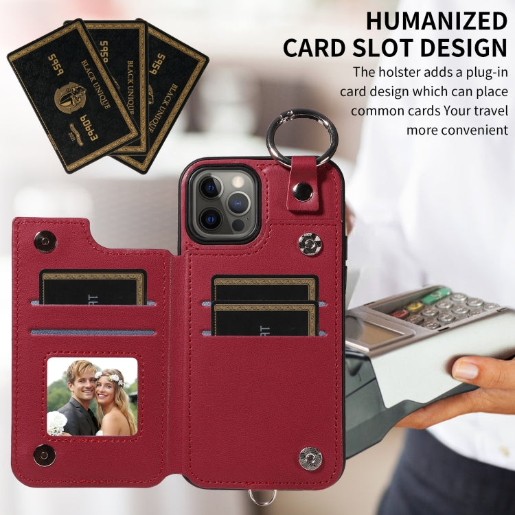 For iPhone 12 / 12 Pro Rhombic Texture Card Bag Phone Case with Short Lanyard